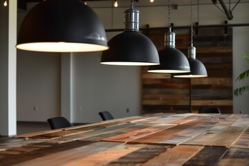 series of pendant lights illuminating a reclaimed wood conference table