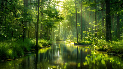 Fototapeta na wymiar Mesmerizing Serenity - A Lush Forest Landscape with a Calm, Reflective River Bathed in Warm Sunlight