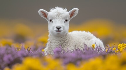 Obraz premium A tight shot of a sheep reclining in a meadow filled with purplish-blue and sunny yellow blossoms in the near distance