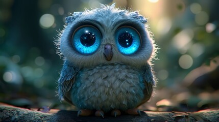   A tiny owl perches on a tree branch, its blue eyes sharp against the soft focus of the surrounding bokeh lighting