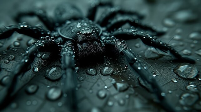   A tight shot of a spider with water droplets on its back legs and head