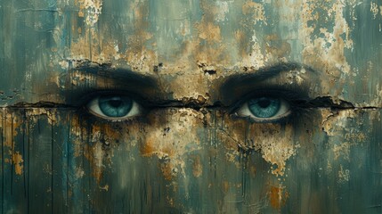   A tight shot of a person's blue eyes Nearby, a side of a building peels under faded paint