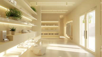 A minimalist fashion boutique with clean shelves and soft diffused lighting.