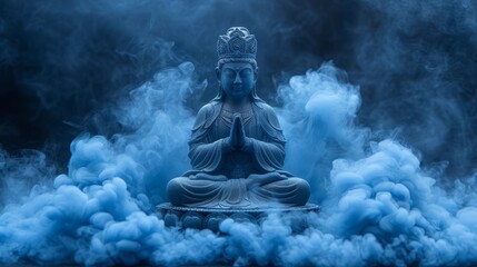   A Buddha statue sits serenely amidst a swirling cloud of smoke Blue smoke wafts from behind it