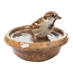 sparrow in a water clay tub isolated on transparent background, cut out, png