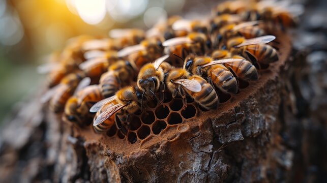   A cluster of bees atop a wooden piece atop a forested tree stump