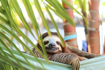 Fototapeta premium sloth with eyes closed in a fabric hammock among palm trees