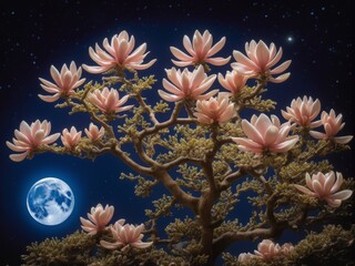 Enjoy coral magnolias from a low Angle, a sky full of stars and a bright moon in the background. AI generation.