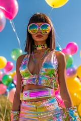 Stunning glittery outfit with expressive belt buckle, surrounded by multicolored balloons in blue skies