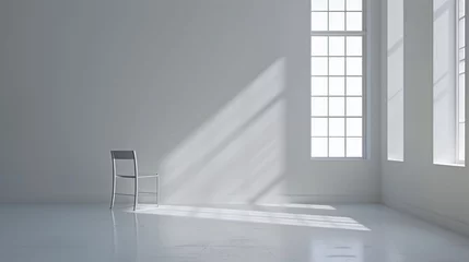 Fotobehang A minimalist room with stark white walls a single window and a lone chair embodying isolation. © Martin