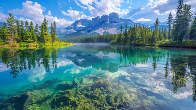 The crisp, crystal-clear waters of the Bow River create an almost surreal mirror image of the towering Rocky Mountains. 32K.