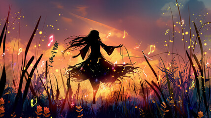 Silhouette of Joyful Dancing Woman in a Magical Sunset Field - obrazy, fototapety, plakaty
