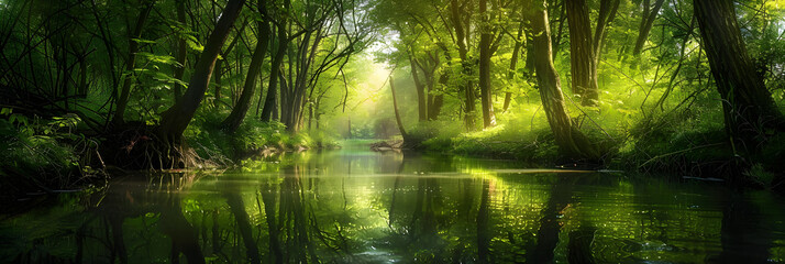 Mesmerizing Serenity - A Lush Forest Landscape with a Calm, Reflective River Bathed in Warm Sunlight