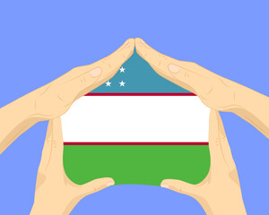 Hand home with Uzbekistan flag, residential or investment idea, housing and home concept