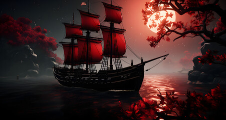 a 3d animation image of a boat sailing past the full moon