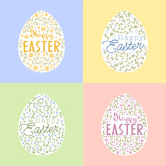 Vector Easter eggs set. Floral ornament. Hand drawn style. Isolated holiday design element. Happy Easter hand lettering title. 