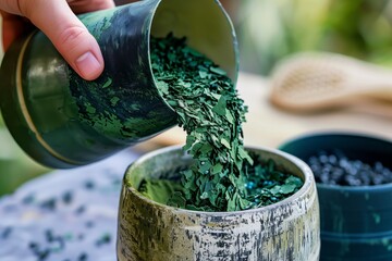 young adult pouring dried spirulina flakes into a container