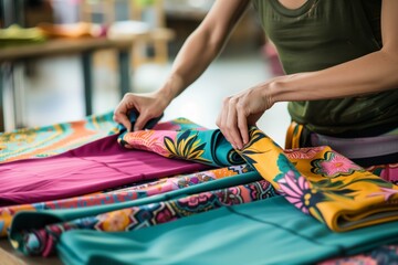 employee folding colorful yoga pants on a table - obrazy, fototapety, plakaty