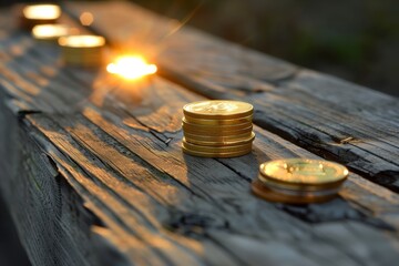 brightly lit coin stacks on weathered wooden bench