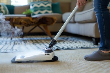 individual using a steam mop on a carpet with a glider attachment