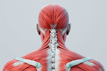 Create a 3D model showcasing tension in the trapezius muscle, highlighting common areas of muscle knot formation - obrazy, fototapety, plakaty