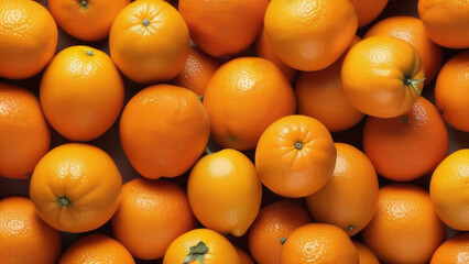 Ripe, juicy, bright orange oranges in close-up. Top view of the whole fruits of oranges. Background...