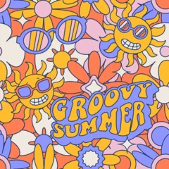 Poster Funky Seamless pattern with retro 70s groovy elements, simple hippy symbols - Colored daisy flowers, sun, sunglasses lettering text Groovy summer. Contour vector illustration. © LanaSham
