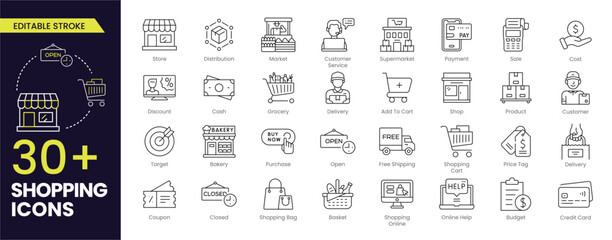 Shopping Editable Stroke icon set. Online shopping, store, delivery, promotion and shopping cart symbol. Editable Outline icons vector collection.