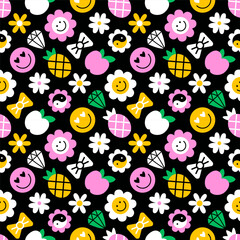 Seamless pattern of vintage plastic beads. Nostalgic 90s retro style hand drawn flower, fruit and crystal background. EPS 10 vector backdrop.