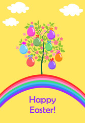 Childish greeting Easter card with funny blooming cherry-tree or apple-tree with hanging colored eggs and rainbow