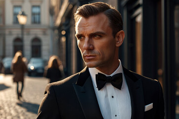 Pensive stylish man in tuxedo and bow tie posing at urban street, thought look. Portrait of confident fashionable young guy businessman in tux outside, lux image James Bond style. Copy ad text space