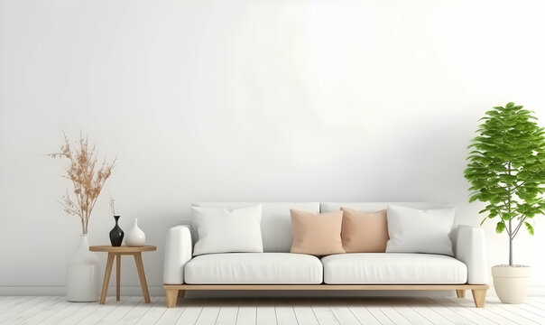 interior with brown sofa and wooden cabinet - 3d rendered illustration