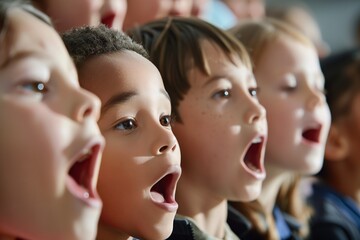closeup of childrens faces singing passionately in a group