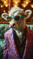  cute cow in purple suit black shirt, blue sunglasses, fuzzy, cinema-quality composition, cinema