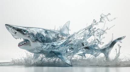 A visually striking digital art of a shark made of water, leaping from the surface, symbolizing power and fluidity.