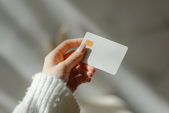 Female hand holding credit card mockup. Generative AI