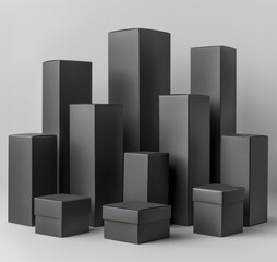 set of large number of blank black packaging boxes standing in a composition centered in the photo. Background is white. In the style of 3d render 