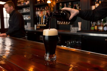 bartender pouring dark stout beer at a wooden bar - obrazy, fototapety, plakaty