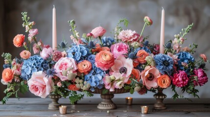 Served wedding table with decorative fresh pink, blue flowers and candles. Celebration details. Wedding decoration and decor, floristic concept  - obrazy, fototapety, plakaty