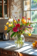A picturesque arrangement of vibrant flowers in a glass vase positioned on a wooden kitchen counter beside a window