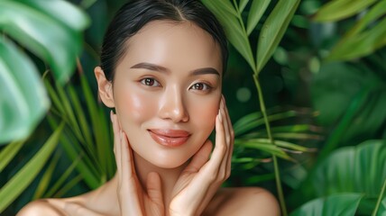 Smiling woman in natural beauty portrait with clean skin,  and a radiant smile .Young woman who takes care of her skin health and beauty , for Facial skin care