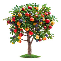 Tree with various colors of fruit isolated on transparent background, cut out, png