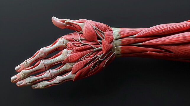 Generate a detailed 3D render of the muscles of the hand and wrist, including the intrinsic and extrinsic muscles
