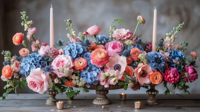 Served wedding table with decorative fresh pink, blue flowers and candles. Celebration details. Wedding decoration and decor, floristic concept 