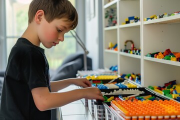 boy sorting lego bricks into organizers