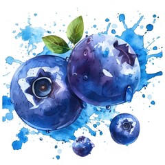 Artistic watercolor rendering of blueberries with spontaneous splashes of blue