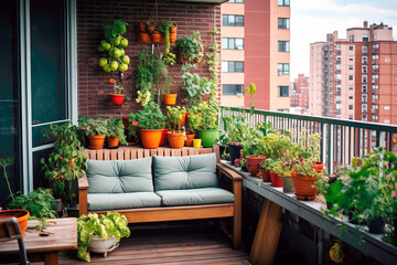 urban gardening organic sustainable garden, apartment, balcony in a city with two person sofa