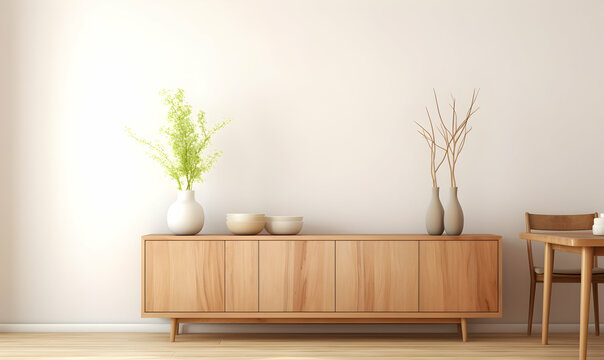 Interior of modern living room with wooden commode and plants. Mock up wall. 3D render
