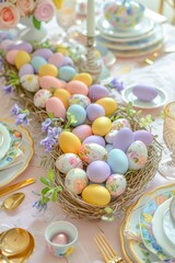 Fototapeta na wymiar A decorative Easter table setting featuring a basket of colorful eggs surrounded by pastels, florals, and gold tableware