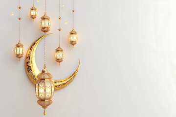 Golden crescent moon with a lantern on a clean background, symbolizing Ramadan and Islamic Day celebrations. Generative ai
